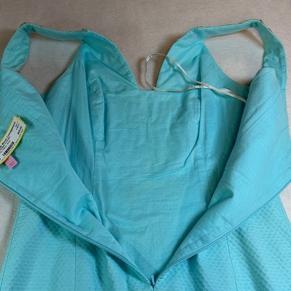 Aqua Sleeveless Dress with Gold Embroidered V-Neck - Picture 7 of 8